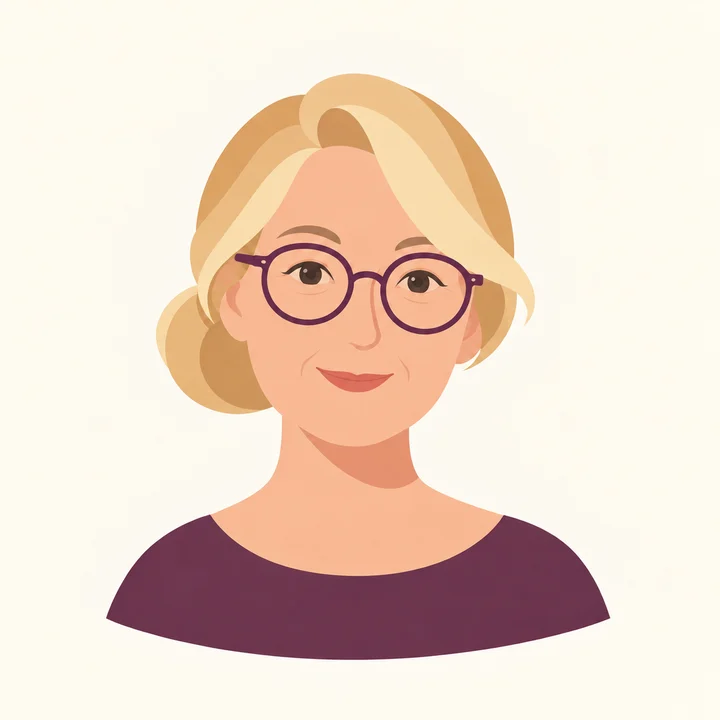 Eva, een vrouw met blond opgestoken haar en een paarse ronde bril, glimlacht vriendelijk